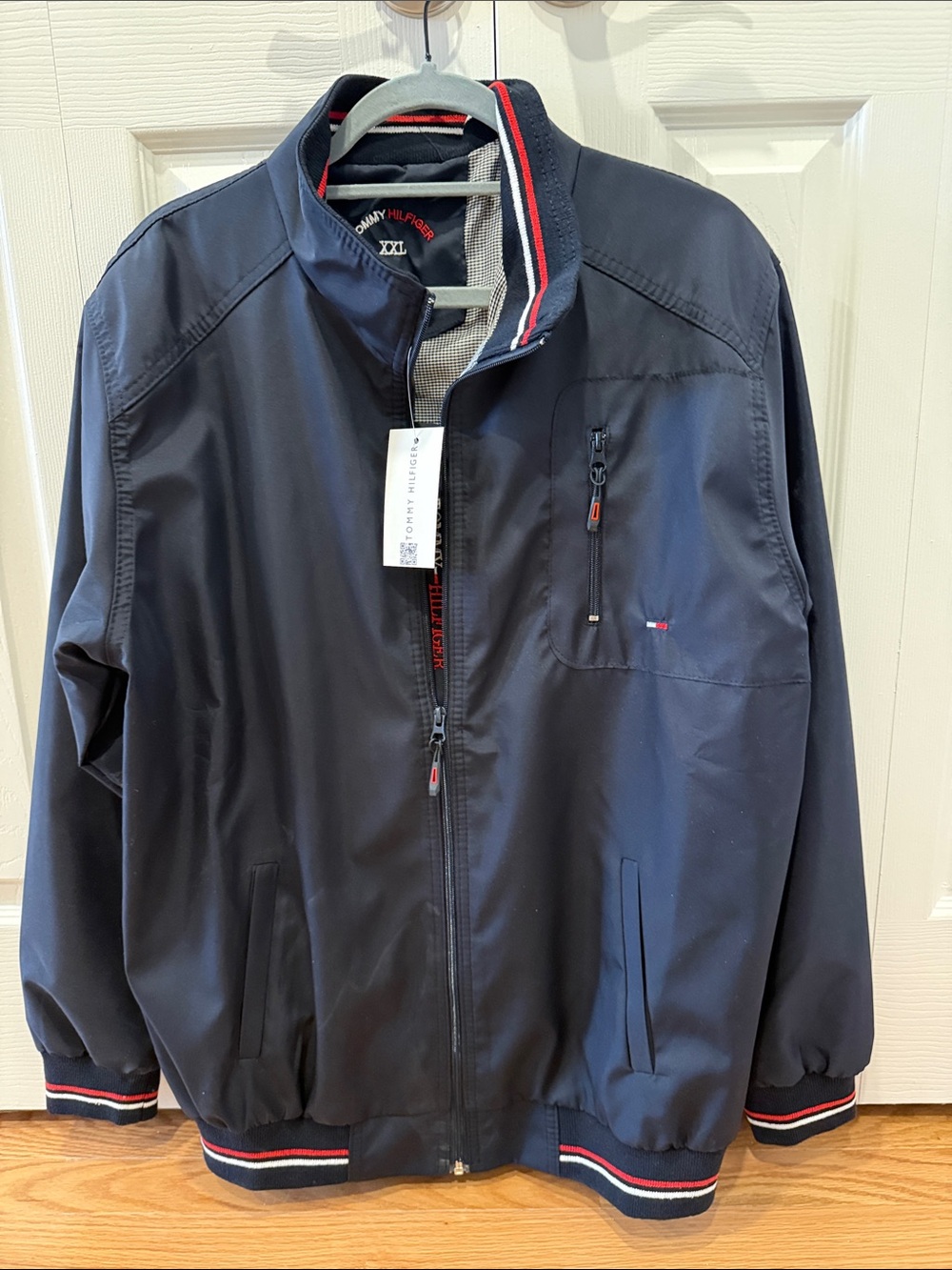 Tommy Hilfiger Navy Blue Lightweight Bomber Jacket with Red-White Trim